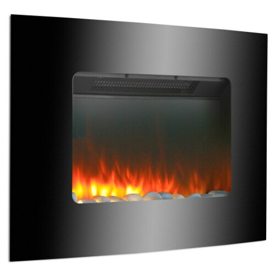 壁掛け型電気暖炉、ブラックガラス、超薄型デザイン、点滅する炎の効果付き